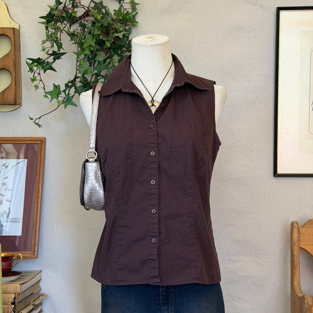 Brown Solid Cotton Shell Fitted Button Up Sleeveless Top Indie Grunge S Granola